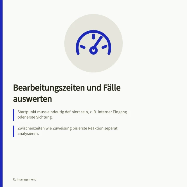 Bearbeitungszeiten und Fälle auswerten: Startpunkt muss eindeutig definiert sein, z. B. interner Eingang oder erste Sichtung.; Zwischenzeiten wie Zuweisung bis erste Reaktion separat analysieren.; Fall gilt erst als gelöst, wenn vereinbarter Schritt durchgeführt und geprüft wurde. Bearbeitungszeiten und gelöste Fälle auswerten