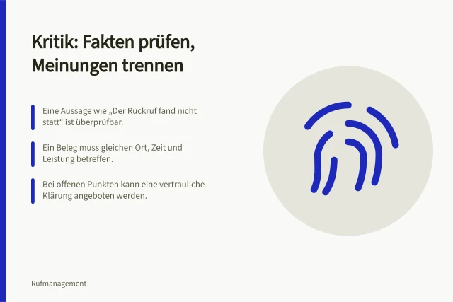 Kritik: Fakten prüfen, Meinungen trennen: Eine Aussage wie „Der Rückruf fand nicht statt“ ist überprüfbar.; Ein Beleg muss gleichen Ort, Zeit und Leistung betreffen.; Bei offenen Punkten kann eine vertrauliche Klärung angeboten werden. Berechtigte Kritik von überprüfbaren Fehlern trennen