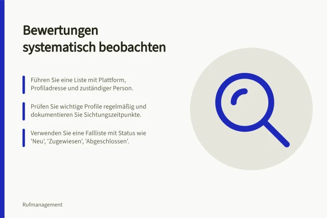 Bewertungen systematisch beobachten: Führen Sie eine Liste mit Plattform, Profiladresse und zuständiger Person.; Prüfen Sie wichtige Profile regelmäßig und dokumentieren Sie Sichtungszeitpunkte.; Verwenden Sie eine Fallliste mit Status wie 'Neu', 'Zugewiesen', 'Abgeschlossen'. Bewertungen systematisch beobachten