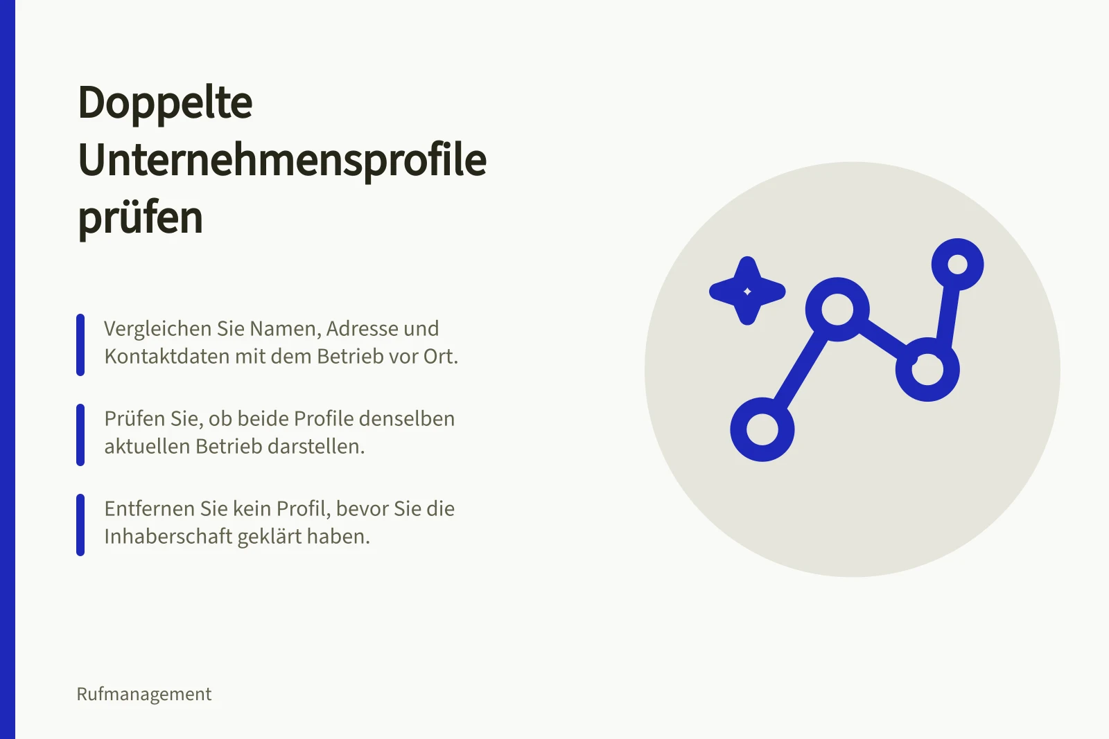 Doppelte Unternehmensprofile prüfen: Vergleichen Sie Namen, Adresse und Kontaktdaten mit dem Betrieb vor Ort.; Prüfen Sie, ob beide Profile denselben aktuellen Betrieb darstellen.; Entfernen Sie kein Profil, bevor Sie die Inhaberschaft geklärt haben.