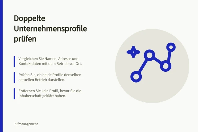 Doppelte Unternehmensprofile prüfen: Vergleichen Sie Namen, Adresse und Kontaktdaten mit dem Betrieb vor Ort.; Prüfen Sie, ob beide Profile denselben aktuellen Betrieb darstellen.; Entfernen Sie kein Profil, bevor Sie die Inhaberschaft geklärt haben. Doppelte Unternehmensprofile prüfen