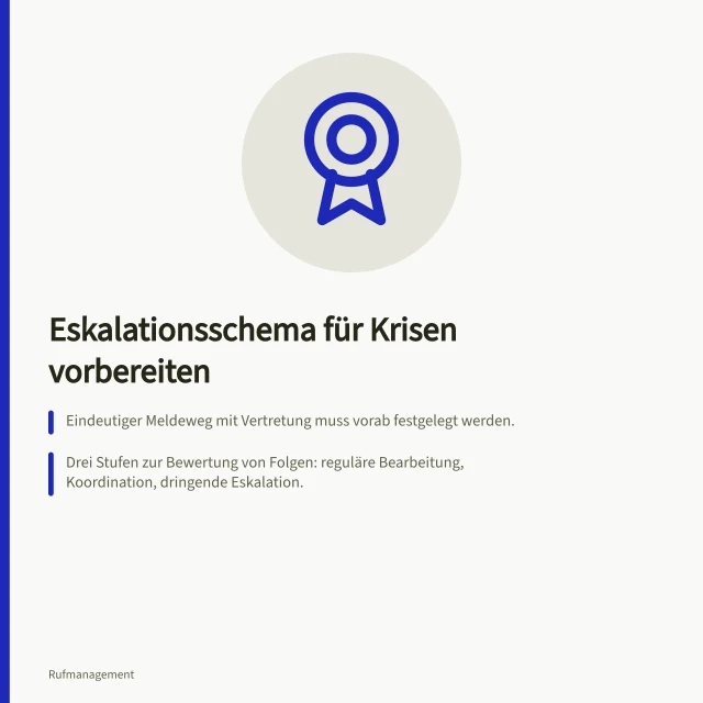 Eskalationsschema für Krisen vorbereiten: Eindeutiger Meldeweg mit Vertretung muss vorab festgelegt werden.; Drei Stufen zur Bewertung von Folgen: reguläre Bearbeitung, Koordination, dringende Eskalation.; Jeder Übergang erfordert Bestätigung durch die zuständige Person. Ein Eskalationsschema vor dem Ernstfall festlegen