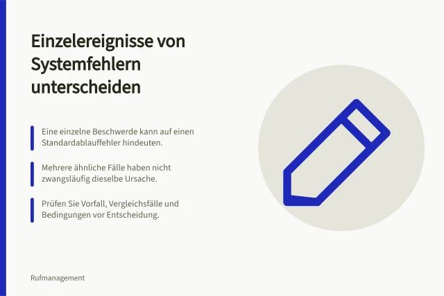 Einzelereignisse von Systemfehlern unterscheiden: Eine einzelne Beschwerde kann auf einen Standardablauffehler hindeuten.; Mehrere ähnliche Fälle haben nicht zwangsläufig dieselbe Ursache.; Prüfen Sie Vorfall, Vergleichsfälle und Bedingungen vor Entscheidung. Einzelereignisse von systematischen Fehlern unterscheiden