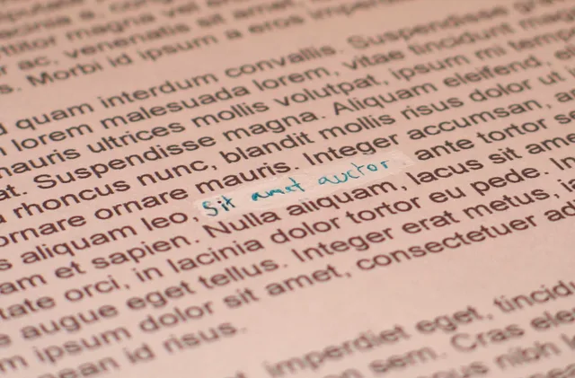This image is an example of how correction fluid (e.g. Tipp-Ex) is used on printed documents. The text used is Lorem ipsum. Korrekturen bei nachweislichen Fehlern anregen