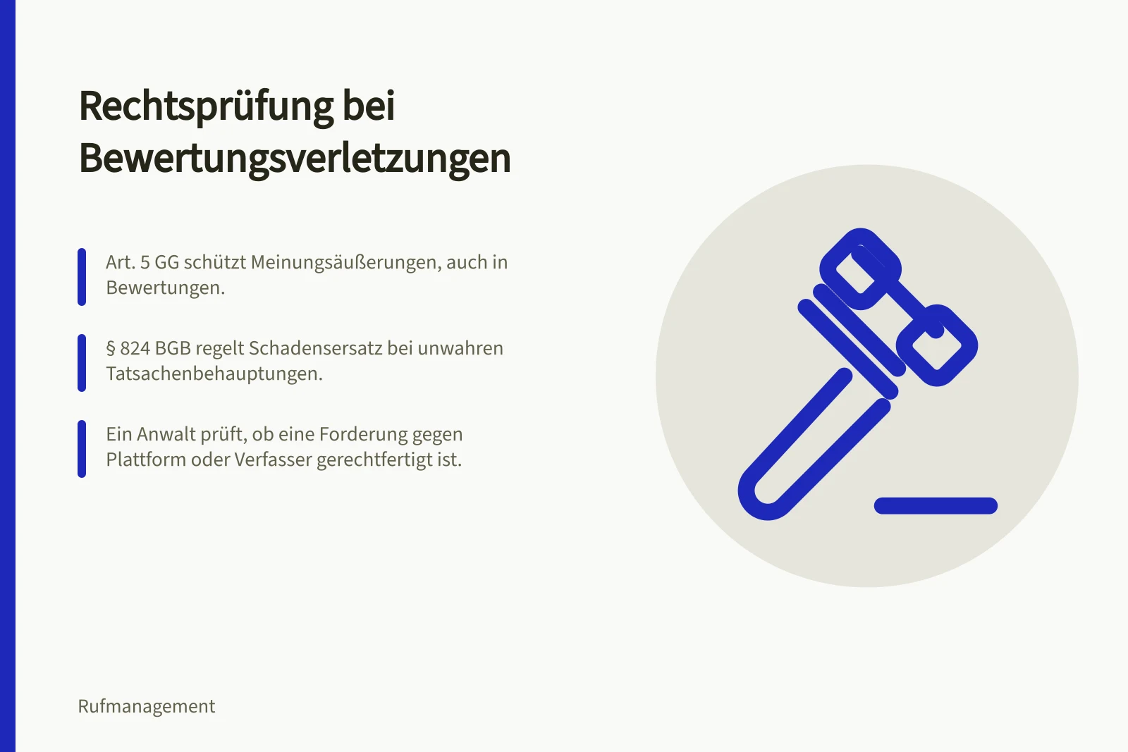 Rechtsprüfung bei Bewertungsverletzungen: Art. 5 GG schützt Meinungsäußerungen, auch in Bewertungen.; § 824 BGB regelt Schadensersatz bei unwahren Tatsachenbehauptungen.; Ein Anwalt prüft, ob eine Forderung gegen Plattform oder Verfasser gerechtfertigt ist.