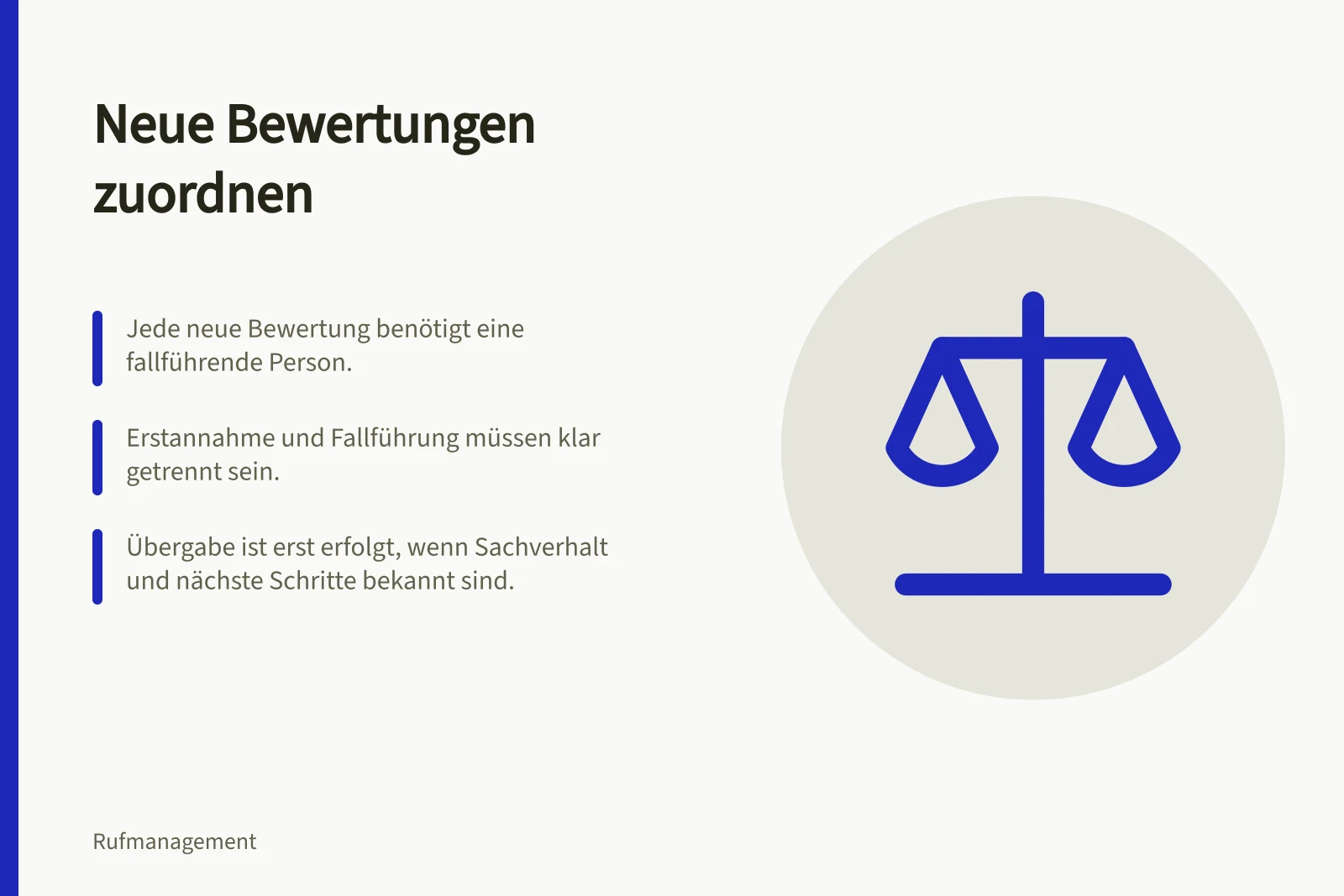 Neue Bewertungen zuordnen: Jede neue Bewertung benötigt eine fallführende Person.; Erstannahme und Fallführung müssen klar getrennt sein.; Übergabe ist erst erfolgt, wenn Sachverhalt und nächste Schritte bekannt sind.