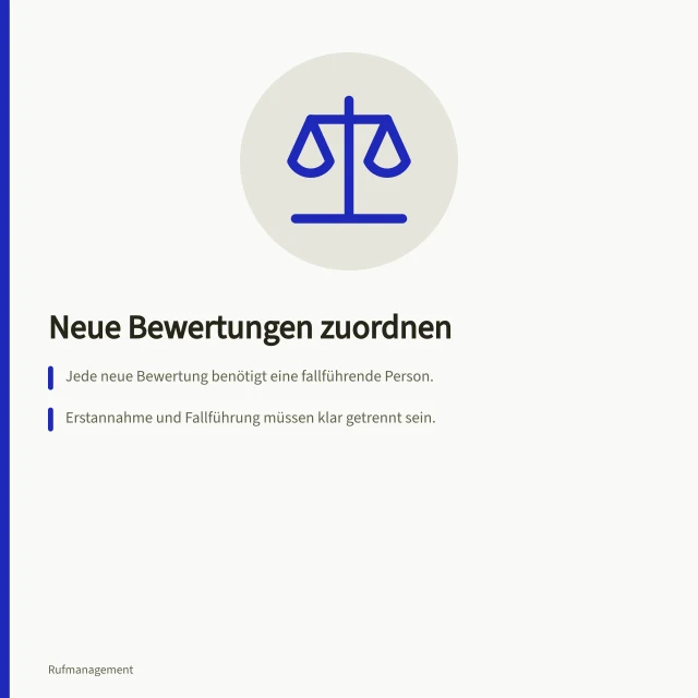 Neue Bewertungen zuordnen: Jede neue Bewertung benötigt eine fallführende Person.; Erstannahme und Fallführung müssen klar getrennt sein.; Übergabe ist erst erfolgt, wenn Sachverhalt und nächste Schritte bekannt sind. Neue Bewertungen einem Verantwortlichen zuordnen