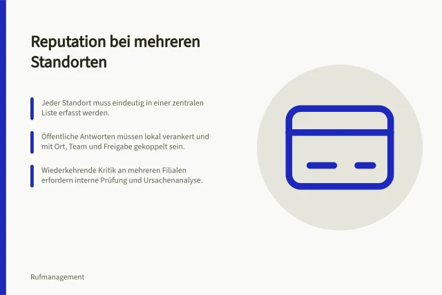 Reputation bei mehreren Standorten: Jeder Standort muss eindeutig in einer zentralen Liste erfasst werden.; Öffentliche Antworten müssen lokal verankert und mit Ort, Team und Freigabe gekoppelt sein.; Wiederkehrende Kritik an mehreren Filialen erfordern interne Prüfung und Ursachenanalyse. Reputation bei mehreren Standorten