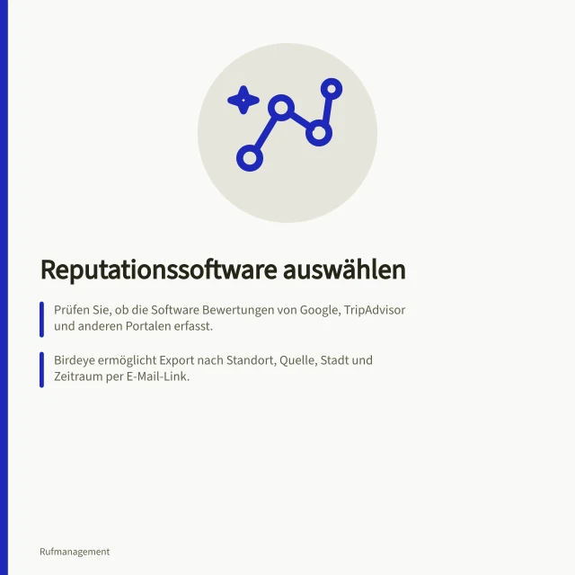 Reputationssoftware auswählen: Prüfen Sie, ob die Software Bewertungen von Google, TripAdvisor und anderen Portalen erfasst.; Birdeye ermöglicht Export nach Standort, Quelle, Stadt und Zeitraum per E-Mail-Link.; Für mehrere Standorte sind vier Zugriffsstufen (Full, Edit, View, No access) relevant. Reputationssoftware auswählen