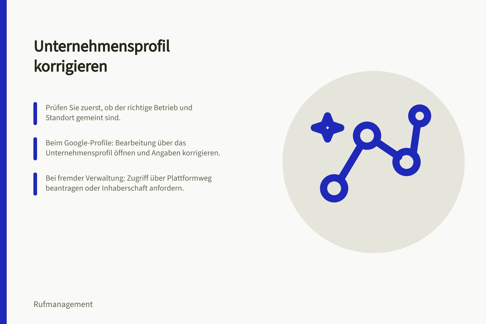 Unternehmensprofil korrigieren: Prüfen Sie zuerst, ob der richtige Betrieb und Standort gemeint sind.; Beim Google-Profile: Bearbeitung über das Unternehmensprofil öffnen und Angaben korrigieren.; Bei fremder Verwaltung: Zugriff über Plattformweg beantragen oder Inhaberschaft anfordern.