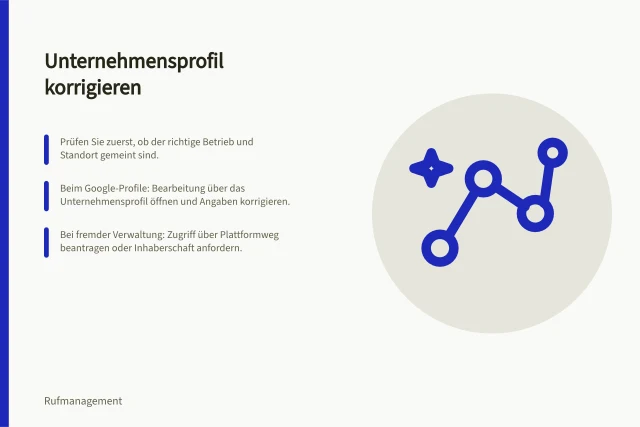 Unternehmensprofil korrigieren: Prüfen Sie zuerst, ob der richtige Betrieb und Standort gemeint sind.; Beim Google-Profile: Bearbeitung über das Unternehmensprofil öffnen und Angaben korrigieren.; Bei fremder Verwaltung: Zugriff über Plattformweg beantragen oder Inhaberschaft anfordern. Unternehmensprofile korrigieren